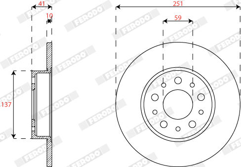 Ferodo Brake Disc Set 2 Pcs Rear Right Left Fiat Tipo 1.0-1.6d 10.15 Diameter 251 Mm Thickness 10 Mm 5 Holes