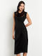 Summer Midi Evening Satin Drape Dress with Tearing Black