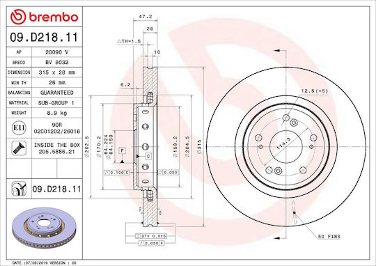 Front Brake Disc Right Left Brembo Honda Cr-v Iv 1.6d/2.2d 10.12 Diameter 315mm Thickness 28mm 5 Holes Ventilated Internal