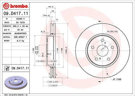 Brembo Front Brake Disc Right Left 299mm 5 Holes Internally Ventilated Toyota C-hr Corolla 1.2 1.8h 2.0h 10.16