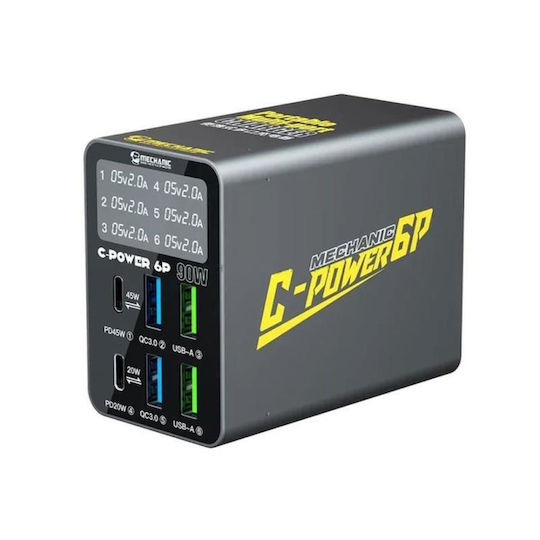 Mechanic Βάση Φόρτισης με 4 Θύρες USB-A και 2 Θύρες USB-C 90W Power Delivery / Quick Charge 3.0 σε Μαύρο χρώμα (C-Power 6P)