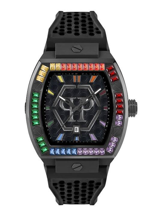 Philipp Plein Hexagon Phantom Crystals Мъжки Часовник На Батерия С Черна Каучукова Каишка