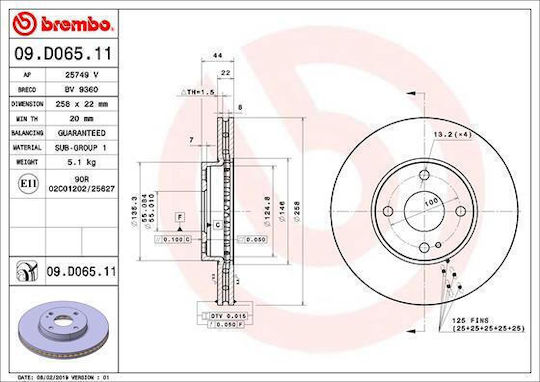 Front Brake Disc Right Left Brembo Mazda 2 Mx-5 Iv Rf Targa 1.5 258mm 44mm 22mm 4 Ventilated Holes Internal