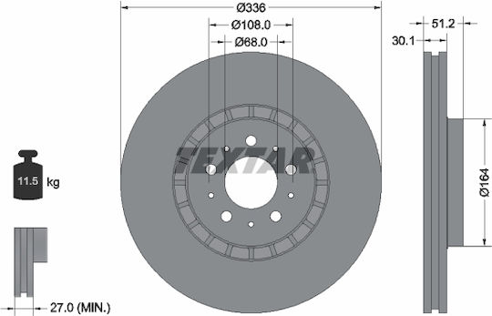 Textar Brake Disc Front Right Left Volvo Xc90 I 2.4d-4.4 10.02-12.14 Diameter 336mm Height 51.2mm Thickness 30.1mm Vented Exterior