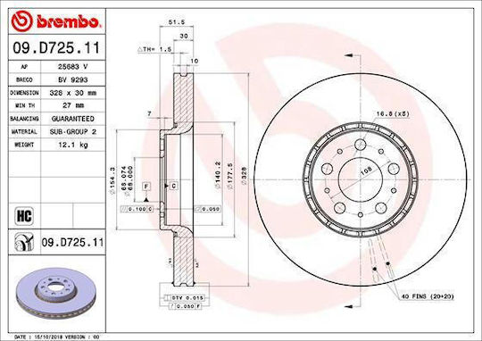 Brembo Brake Disc Front Right Left Volvo Xc90 I 2.4d-4.4 10.02-12.14 Diameter 328mm Height 52mm Thickness 30mm Vented Internal