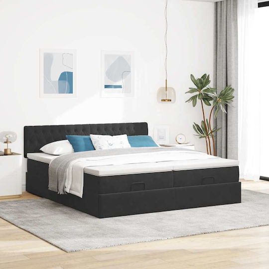 King Size Upholstered Fabric Bed Black with Storage Space Slats & Mattress 200x200cm
