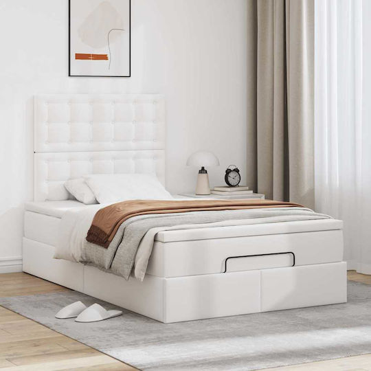 Half Double Bed Upholstered with Faux Leather White with Storage Space with Slats & Mattress 120x200cm