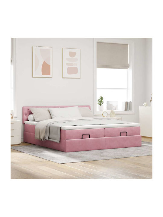 King Size Bed Upholstered with Fabric Pink with...