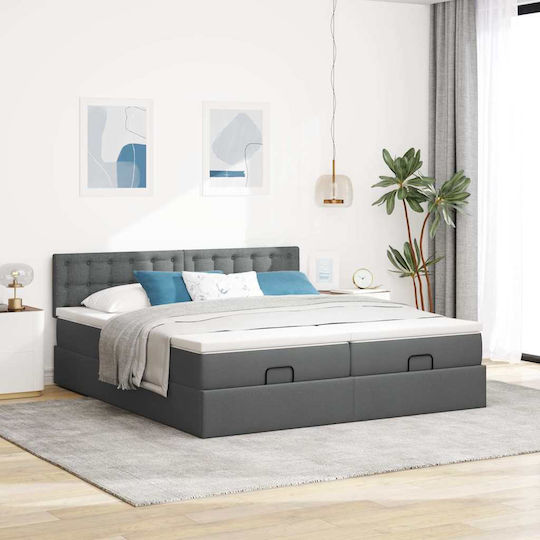 King Size Upholstered Bed with Fabric Dark Grey with Slats & Mattress 180x200cm