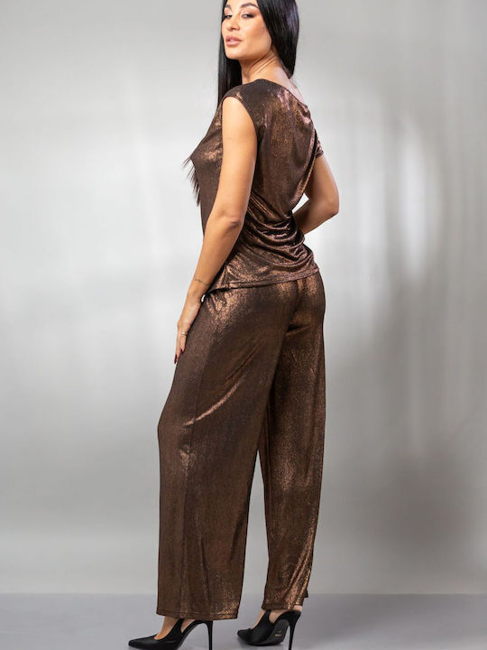 Women's Fabric Trousers with Rubber Band Bronze