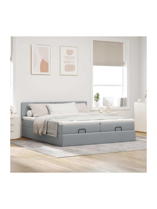 King Size Upholstered Fabric Bed Light Grey wit...
