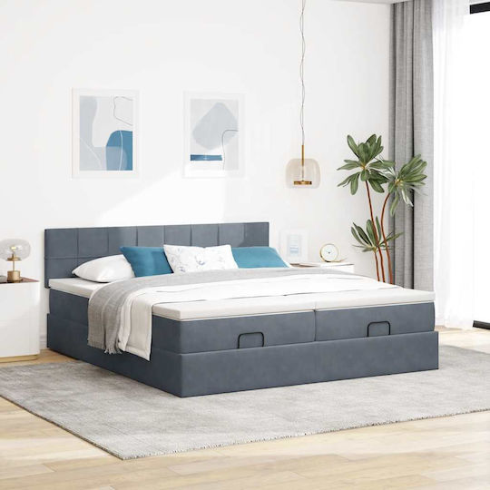 Pat King Size Îmbrăcat în Material Gri Închis cu Plăci și Saltea 200x200cm