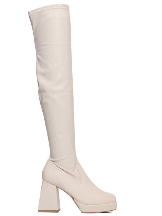 Beige Over Knee Boots Square Heel