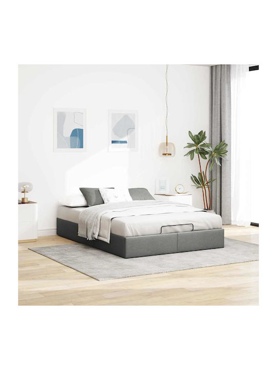Double Bed Base Upholstered with Gray Fabric with Storage Space & Slats for Mattress 140x200cm