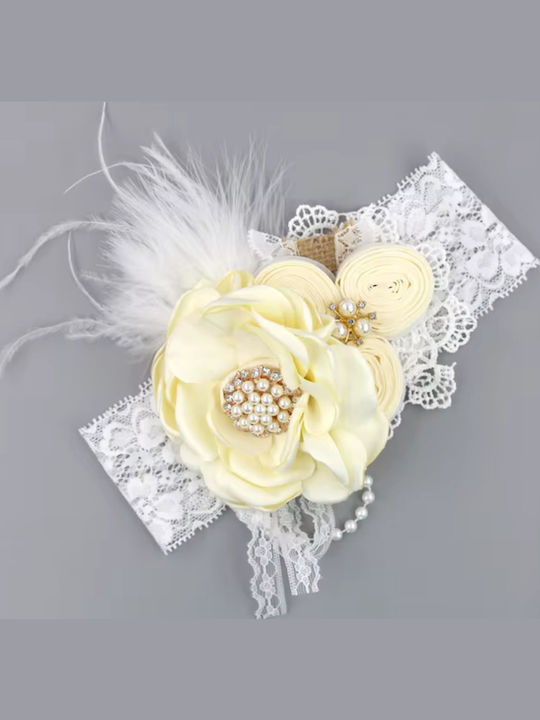 Ultra Impressive Dazzling Formal Lace Headband Wonderfully Decorated with Flowers – Beautiful Beads – Shiny Pearls Diamonds Unique Feathers – White Champagne