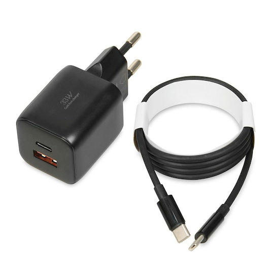 iBox Φορτιστής GaN με Θύρα USB-A και Θύρα USB-C και Καλώδιο USB-C - USB-C 33W Power Delivery / Quick Charge 3.0 Μαύρος (C-42)