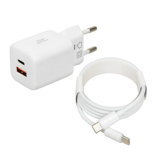 iBox Charger GaN with USB-A Port and USB-C Port and Cable USB-C - USB-C 33W Power Delivery / Quick Charge 3.0 Whites (C-42)