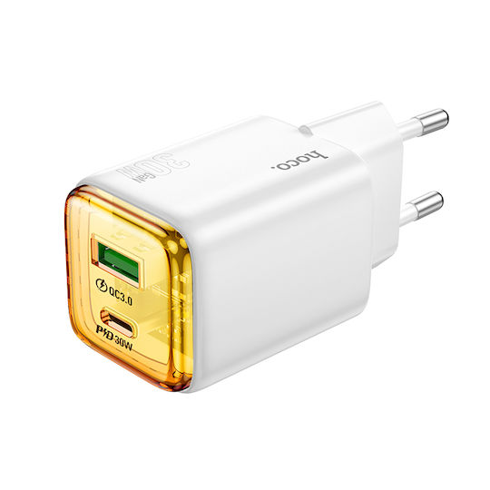 Hoco Φορτιστής Χωρίς Καλώδιο GaN με Θύρα USB-A και Θύρα USB-C 30W Power Delivery / Quick Charge 3.0 Λευκός (N53)