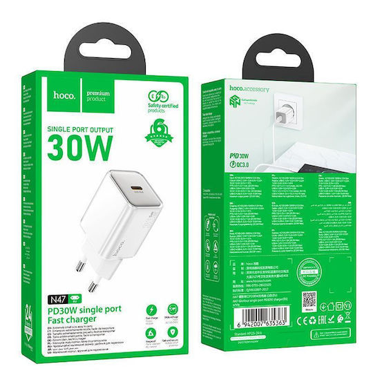 Hoco Φορτιστής Χωρίς Καλώδιο GaN με Θύρα USB-C 30W Power Delivery Λευκός (N47)