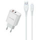 Awei Charger with USB-A Port and USB-C Port and Cable Lightning 22.5W Power Delivery Whites (PD81C)