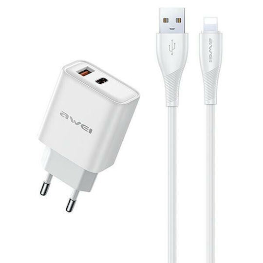 Awei Charger with USB-A Port and USB-C Port and Cable Lightning 22.5W Power Delivery Whites (PD81C)