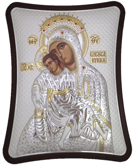 Icoană Prințul Silvero Fecioara Maria de Kykkos Lemn Maro Argint 8.5x10cm