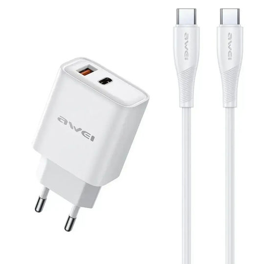 Awei Φορτιστής με Θύρα USB-A και Θύρα USB-C και Καλώδιο USB-C 22.5W Power Delivery Λευκός (PD81)