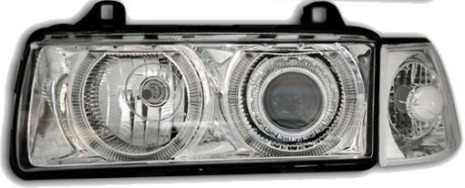 Vordere Scheinwerfer Angel Eyes BMW E36 1991-2000 4-türige Limousine Chrom Ohne Glühlampen H7 Set 2 Stück