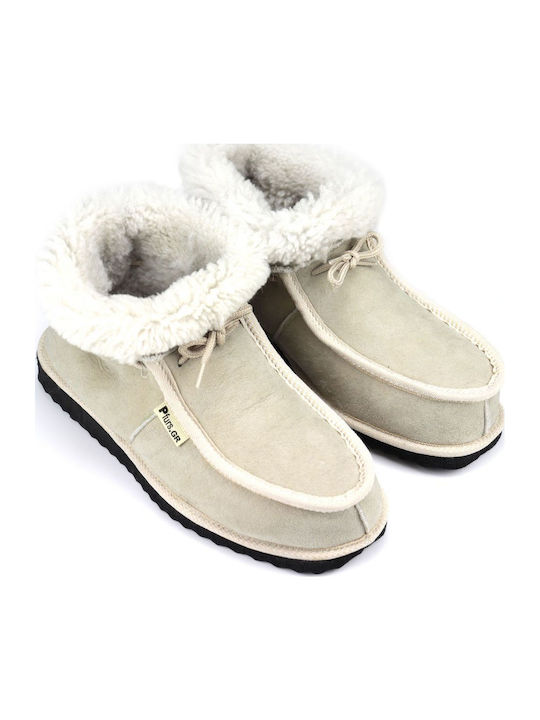 Heel Enclosed Men's Slippers with Fur Εκρού