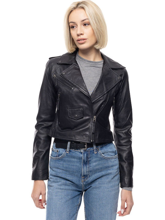 Crop Δερμάτινο Γυναικείο Μπουφάν για Χειμώνα Black