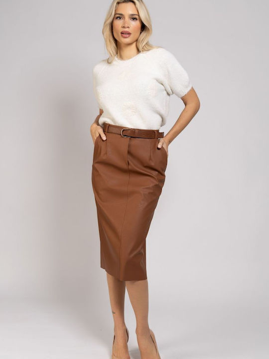 BelleFille Leather Midi Skirt Taba