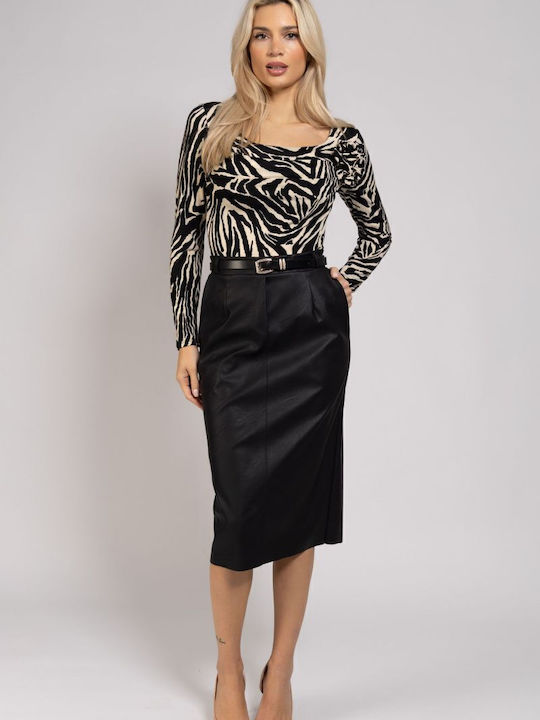 BelleFille Leather Midi Skirt Black
