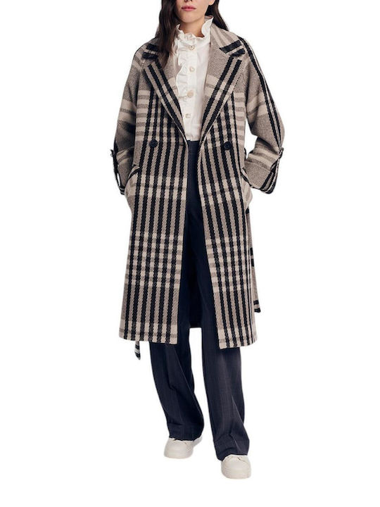 Wool Women's Checked Grey Checkered Coat with Buttons