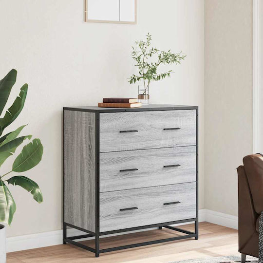 Wooden & Metallic Chest of Drawers with 3 Drawers Grey Sonoma 68x35x76cm