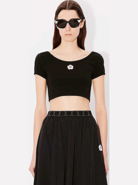 Women's Blouses Boke Flower 2.0 Cotton Short Sleeve Floral Black Crop Top