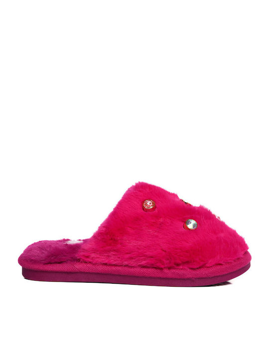 Papuci de casă pufoși fucsia cu cristale multicolore