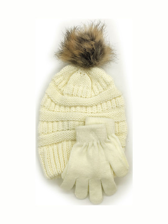 Kids Beanie Set with Gloves Knitted White