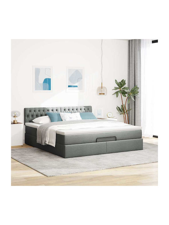 Double Bed Upholstered with Fabric Dark Grey wi...