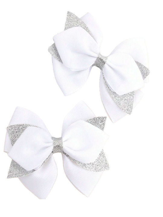 Set of 2 Pieces Official Impressive Bow Hair Clips Rich Double Glossy Bow – White Silver