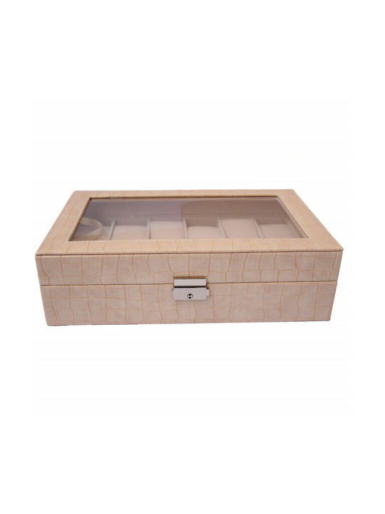 Elegant Storage Box Compartments 12 Watches Crocodile Print Cream