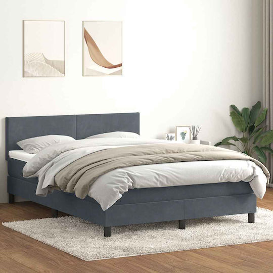 Pat Dublu Tapitat cu Material Gri Închis cu Plăci și Saltea 160x210cm