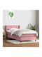 Pat Single Tapițat cu Material Textil Roz cu Plăci și Saltea 90x220cm