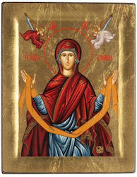 Icoană din lemn gravată cu Sfânta Cingătoare a Fecioarei Maria, pânză cu fundal auriu, produs autentic al Mănăstirii Vatopedi, 19 x 15 cm