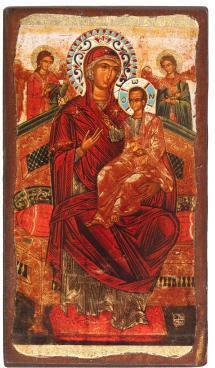 Virgin Mary Pantanassa Engraved Wooden Aged Icon Canvas Gold Background Authentic Product of Vatopedi Monastery Holy Great Monastery Vatopedi 030406000003 15 X 8 Cm