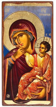 Virgin Mary Paramythia Wooden Aged Icon Canvas Colorful Background Authentic Product of Vatopedi Monastery Holy Great Monastery Vatopedi Imv-0205imv-23_12 23 X 12 Cm