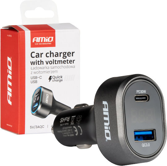 AMiO Car Charger 30W Fast Charging with Ports 1xUSB 1xType-C and Voltmeter Black Color