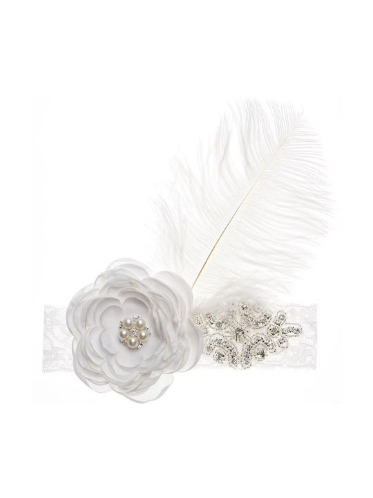 Official Baptism Headband Embroidered with Dazzling Rhinestones, Gorgeous Flower, Shiny Pearls at the Core, Impressive White Feather