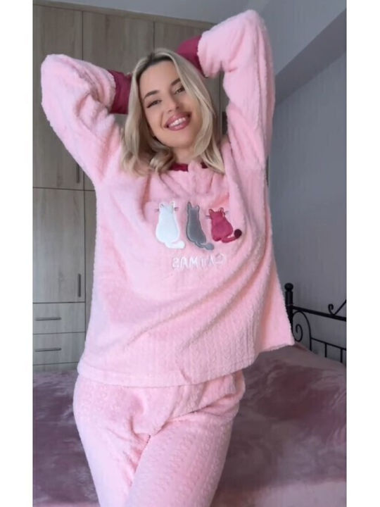 Join Χειμερινό Γυναικείο Σετ Πιτζάμας Fleece Ροζ
