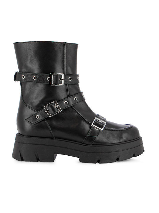 Leather Women's Ankle Boots with Medium Heel Black