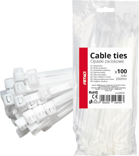 AMiO Cable Ties Plastic 200mmx4.8mm In White Colour 100pcs 04310